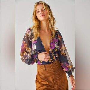Free People Floral Sheer Bodysuit - Black and Purple